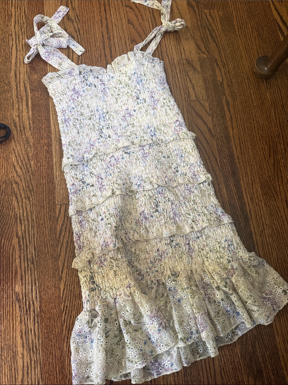 KatieJNYC XL Girls' Cream Floral Smocked Sundress Ruffle Hem great condition